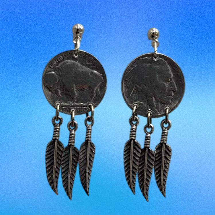 Vintage Native American Buffalo Nickel Feather Dangle Earrings, 2”