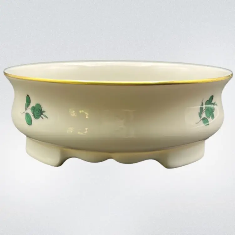 Augarten Wien Maria Theresia Green Floral Gold Trim Footed Bowl Or Salt Cellar