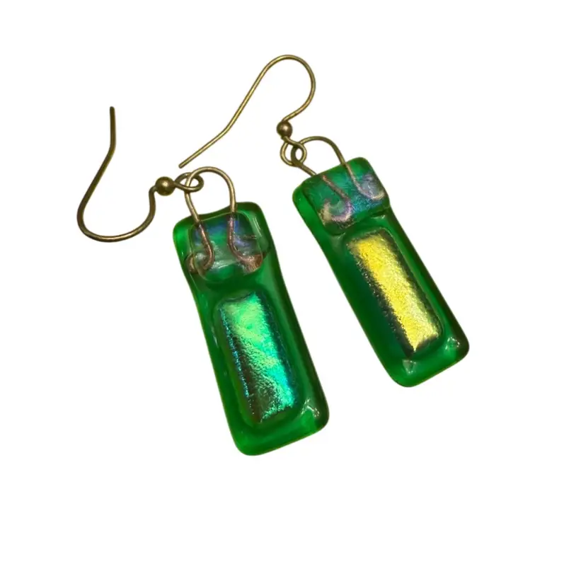 Beautiful Green And Yellow Dichroic Glass Drop Dangle Earrings
