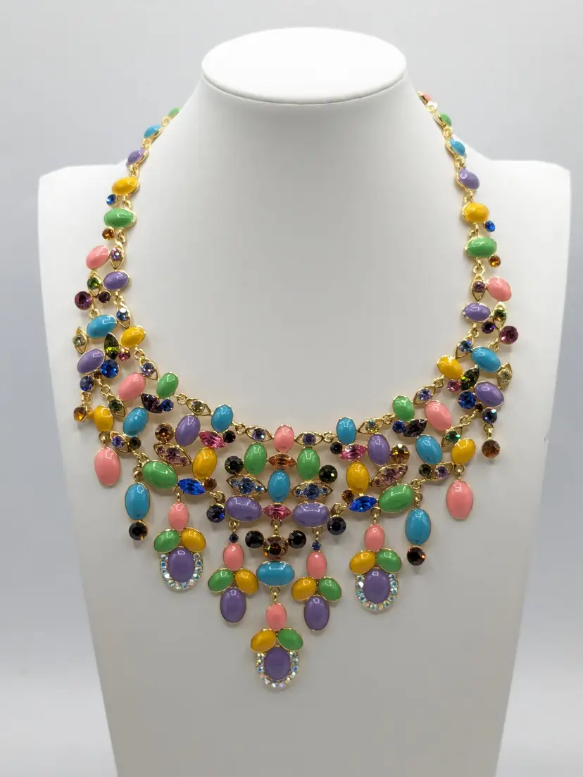 Rainbow Statement Necklace Gold Tone Colourful Jewelry