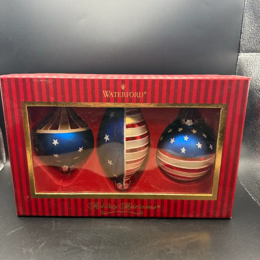 Waterford Holiday Heirlooms American Flag Three Hand-Painted Glass Ornaments
