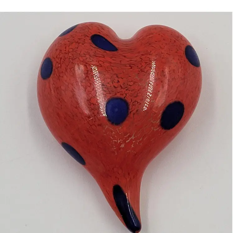 Glass Roots Studio Art Glass Red Heart With Blue Dots Paperweight