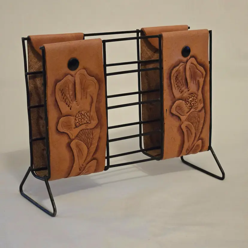 Napkin Letter Holder Tooled Leather & Wire Mid-Century 5” Tall Unbranded Vintage
