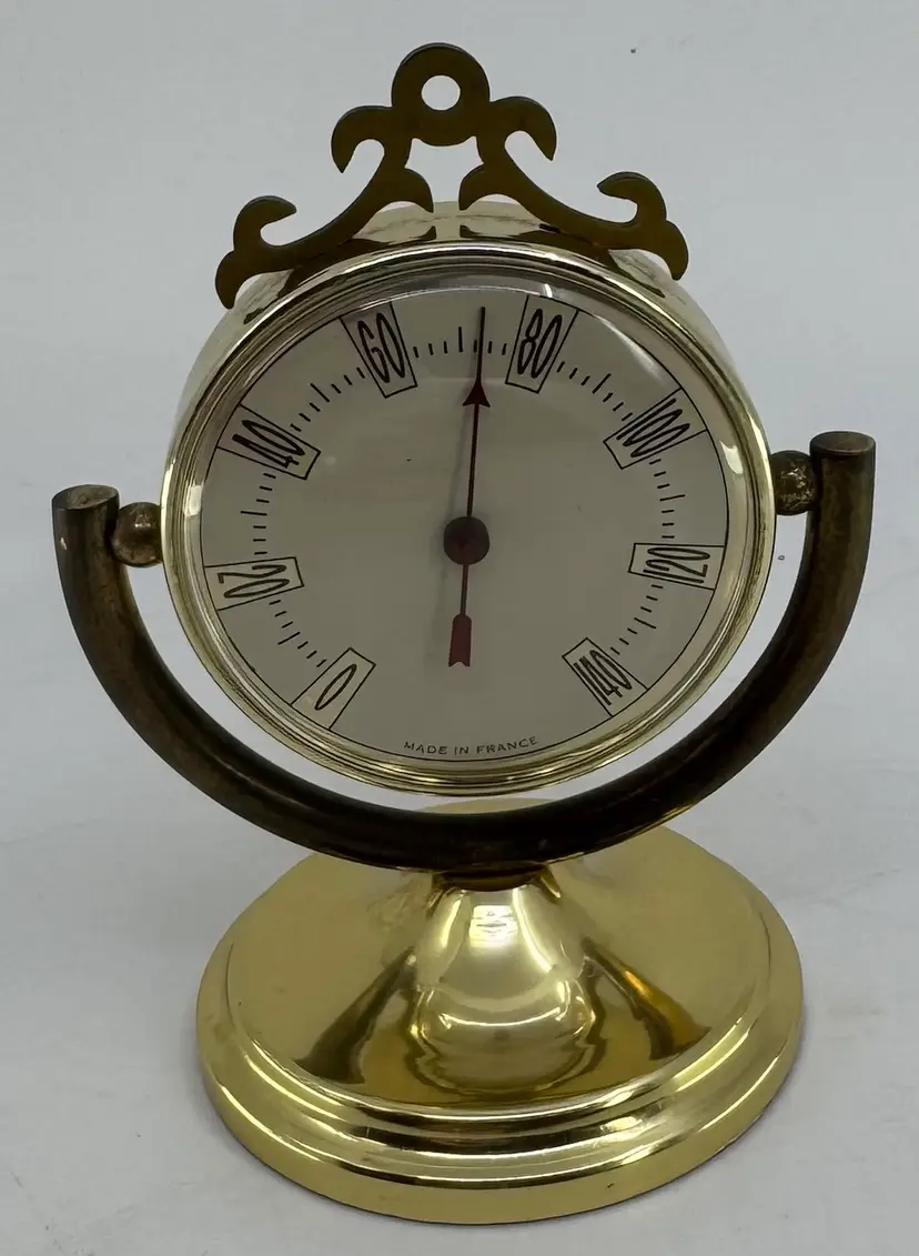 Vintage French Brass Swivel Desk Thermometer Mid-Century Made In France 3.5”x 3”