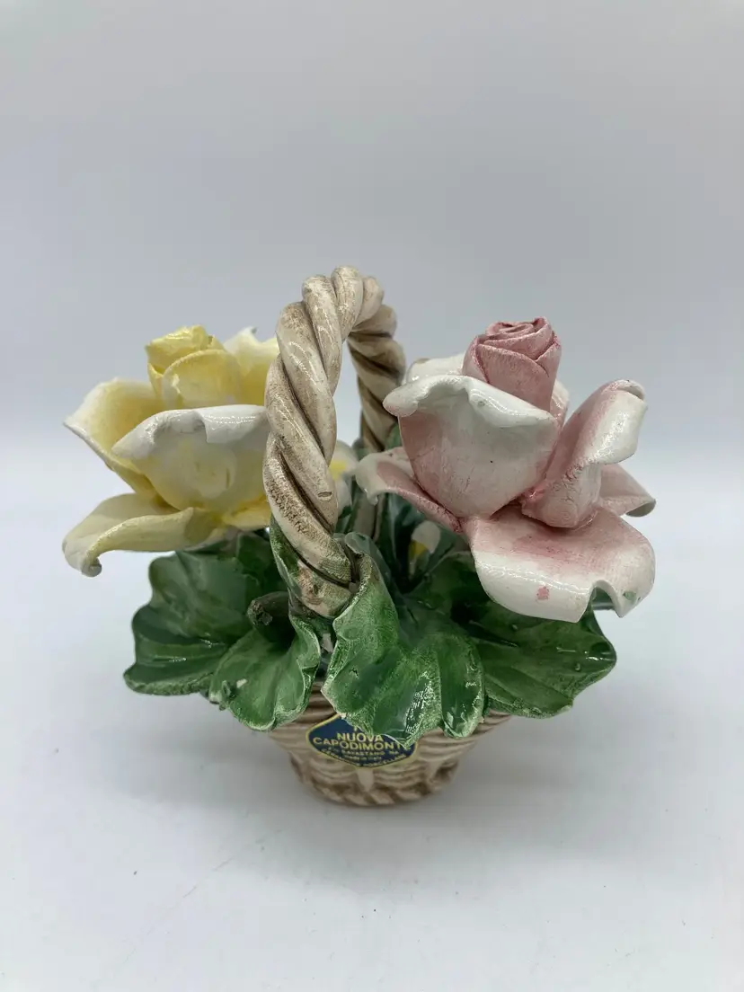 Vintage Italian Nuova Capodimonte Porcelain Flowers In A Basket Figurine