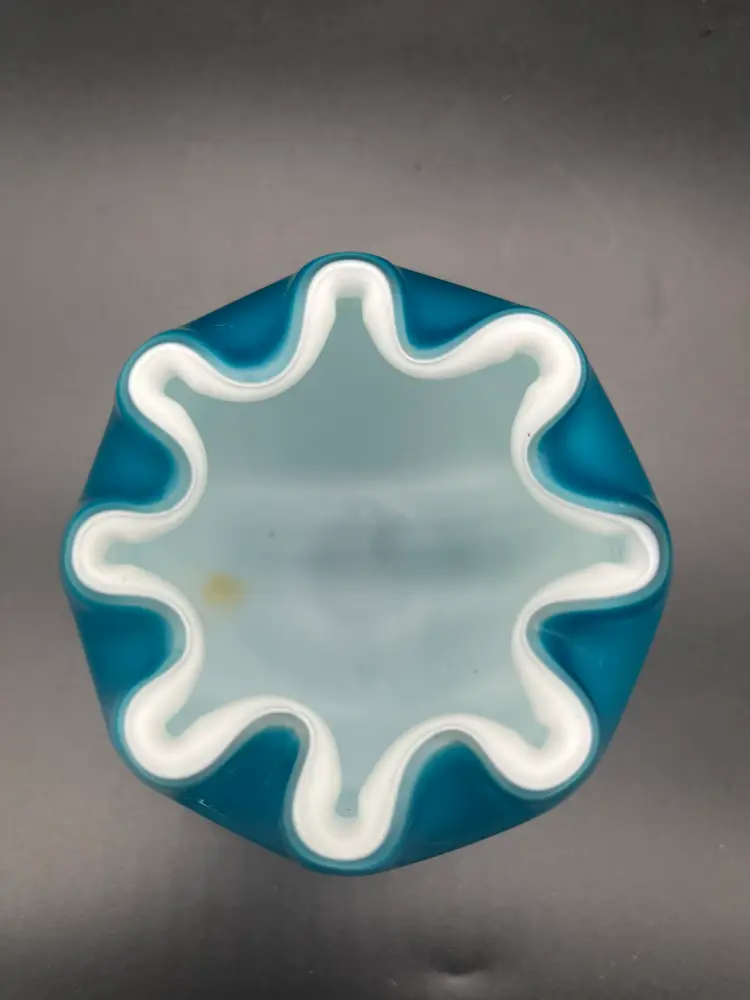 Vintage Mt. Washington Satin Glass Rose Bowl/Vase - Opalescent Blue, Ruffled Top, 4"