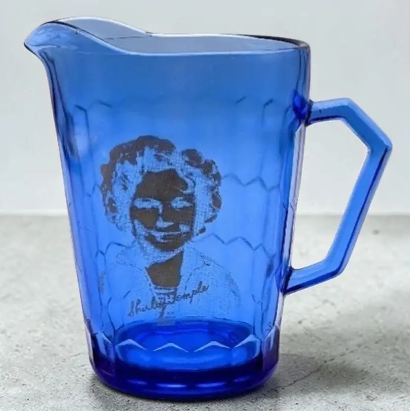 Vintage Shirley Temple 4.5” Tall Blue Cobalt Glass Pitcher Creamer Hazel Atlas