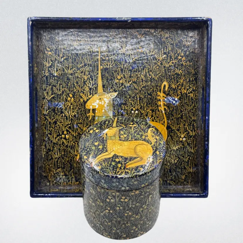 Vintage decorative lidded box and tray set with unicorn motifs. Made In France Or Italy.