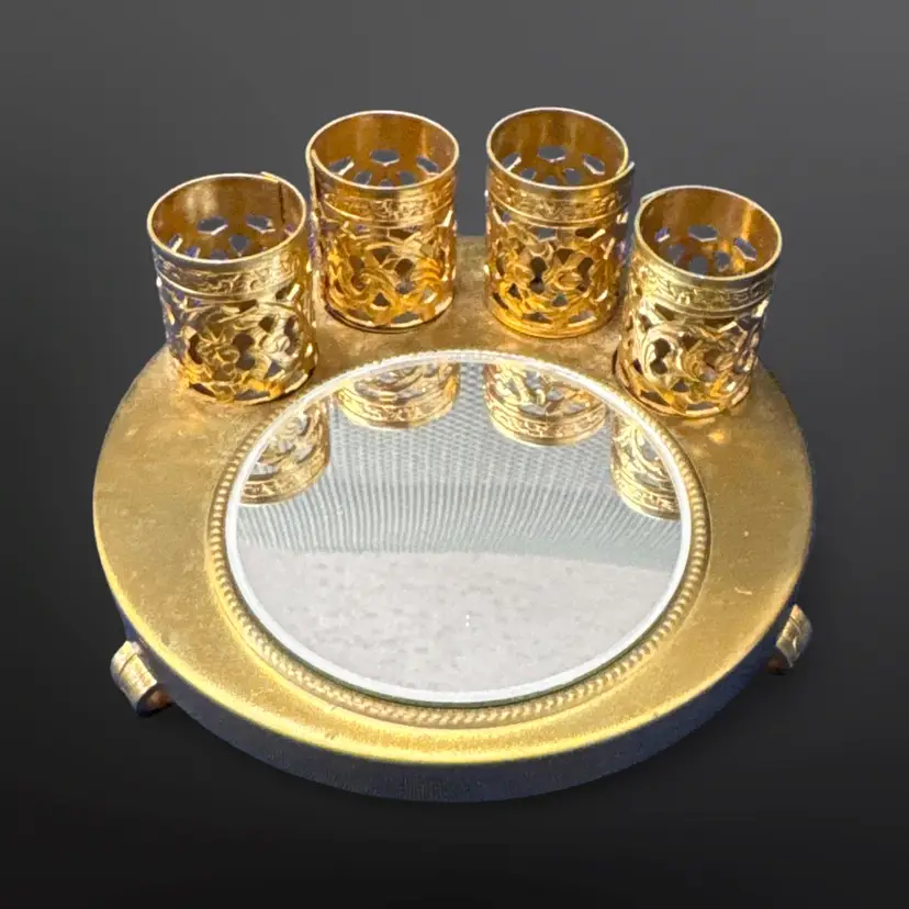 Vintage Gold Tone Metal Filigree Footed Mirror Tray Vanity Lipstick Holder