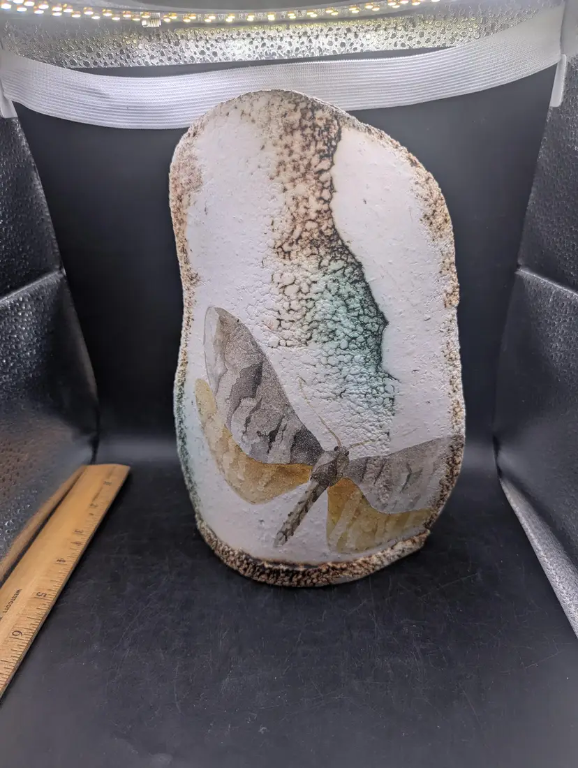 Vintage Studio Art Pottery Rustic Moth Motif Sandstone Pottery Vase Signed
