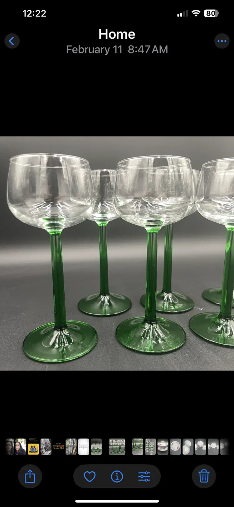 6 Vintage Luminary France Green Stem Wine/Cordial/Port Glasses 6.25“ tall 4 ounces