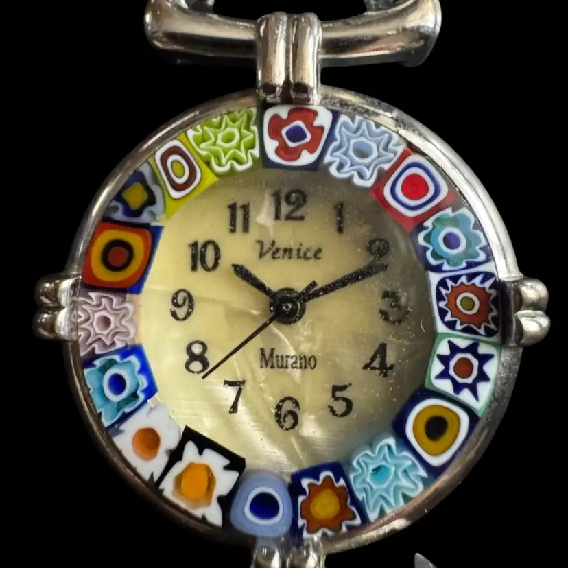 Gold Tone Murano Millefiori Glass Border Quartz Watch - New Battery