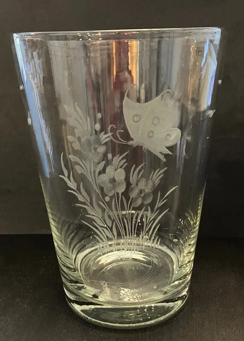 MCM Etched Clear Glass Botanical Butterfly Flared Vase Signed Bach