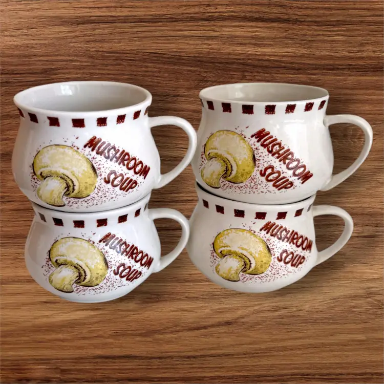 Set of 4 Vintage Mushroom Soup Cups Mugs Bowls With Handles 70s? Kitchen Decor