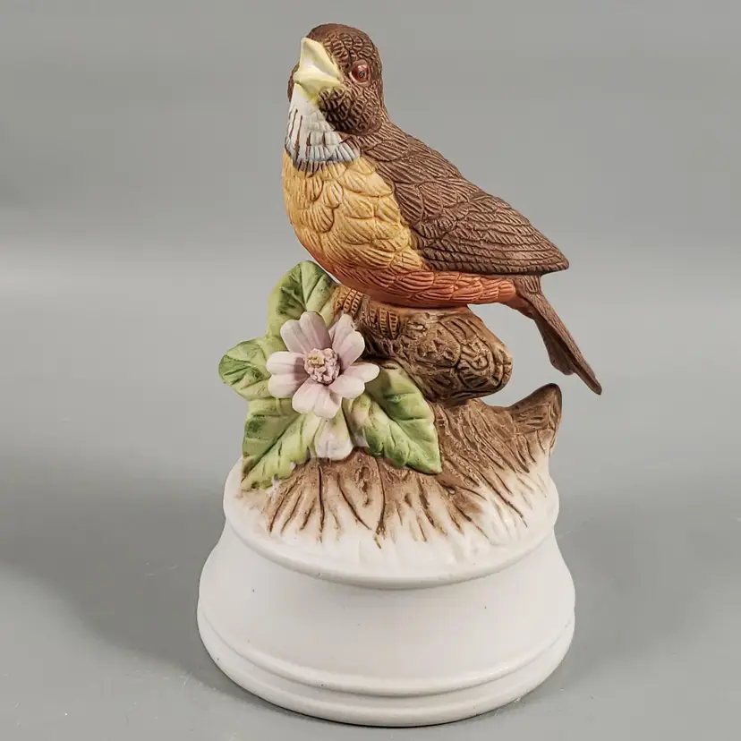 Vintage Bisque Porcelain Robin Bird Figural Music Box