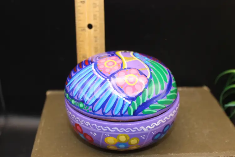 Mexican Pottery Red Clay Terracotta Trinket Box Hand Painted with a Beautiful Bird No Signature