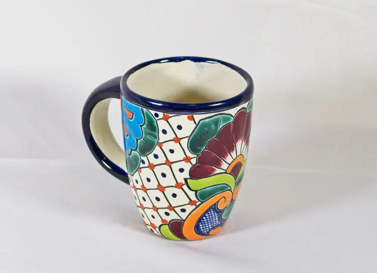 Talavera Mexican Pottery Mug Signed Hand Painted Flowers 14 oz