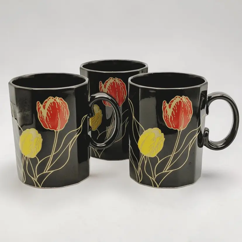 Otagiri Japan Ceramic Red & Yellow Tulips Black 12 Sided Coffee Mugs Cups Set 3