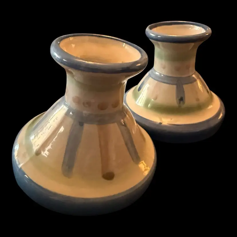 MA Hadley Stoneware Pottery Set 2 Candle Holders 4.5”x4”