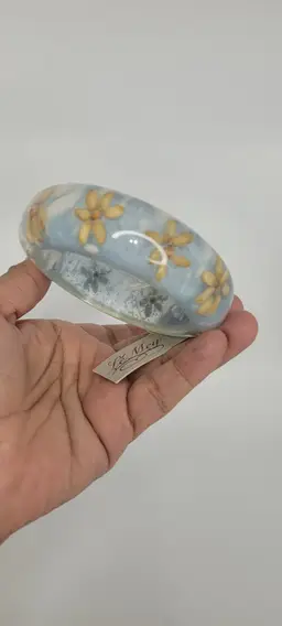 Lucite Thick Bangel Bracelet Clouds & Flowers