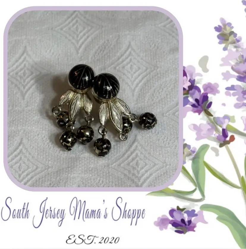 Vintage Gold Tone Leaf Design Dangle Screw Backs With Enamel Painted Stone Bead