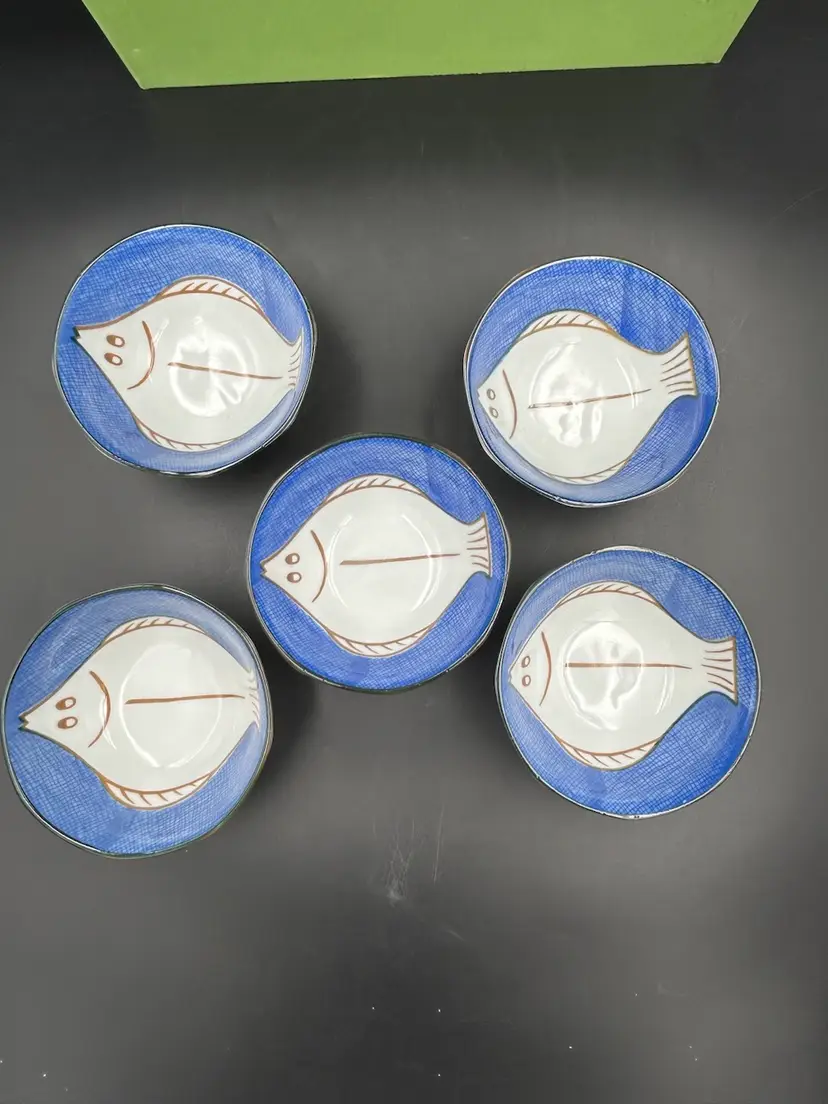 5 Vintage NIB Kafuh Japan Handmade Soup/Rice, Bowls, Cobalt, Blue, And White Flounder Fish Design
