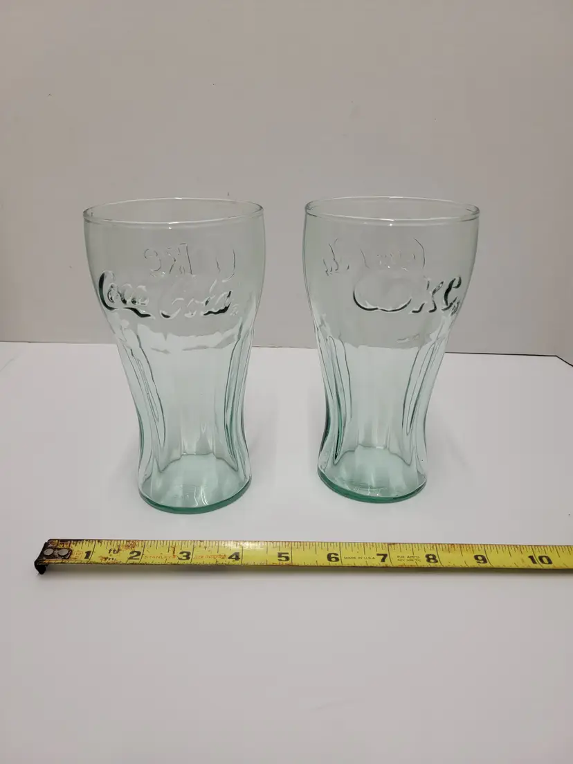 Coca Cola Coke Brand Green Glasses 6 Inch Tall Libby 16OZ Set Of 2