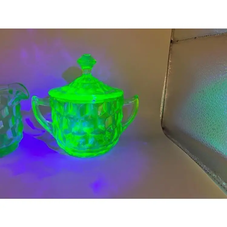 #02 - Vintage Jeanette Cube "Cubist" Green Uranium Glass Creamer & Sugar Set ~ Sugar 5 inches tall w/ lid, Creamer 3.5 inches tall