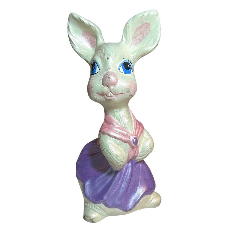 Hand Painted Ceramic Bunny Rabbit with Purple Skirt and Pink Scarf