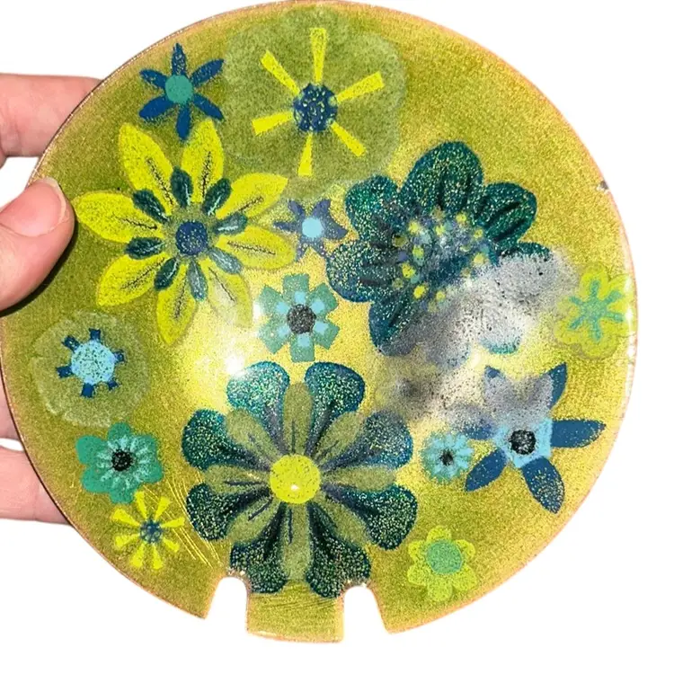 Enamel Over Copper Flower Power Vintage Green Blue Flower Ashtray Trinket Dish