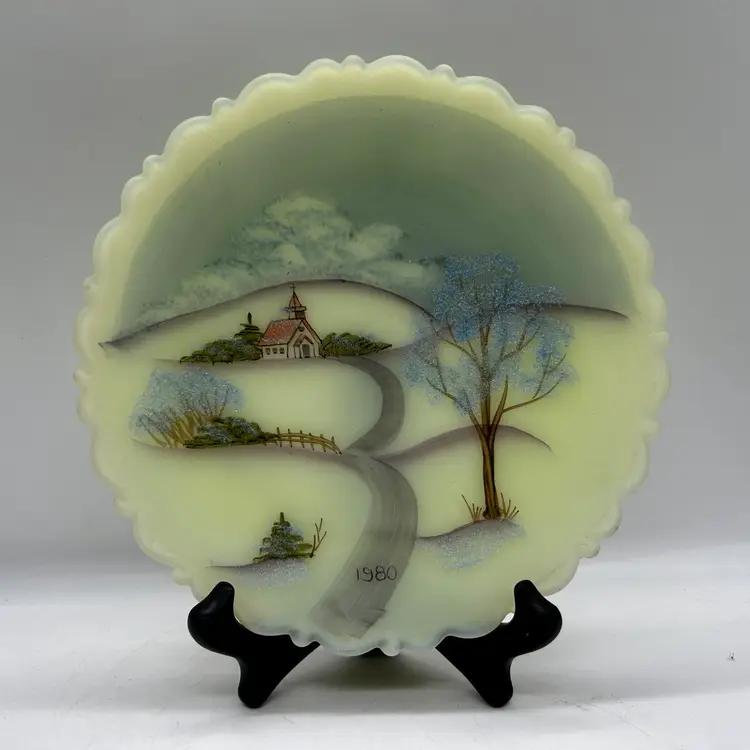 Vintage 80s Fenton Glass Custard Princess House Limited Edition Plate - Winter - Glows!