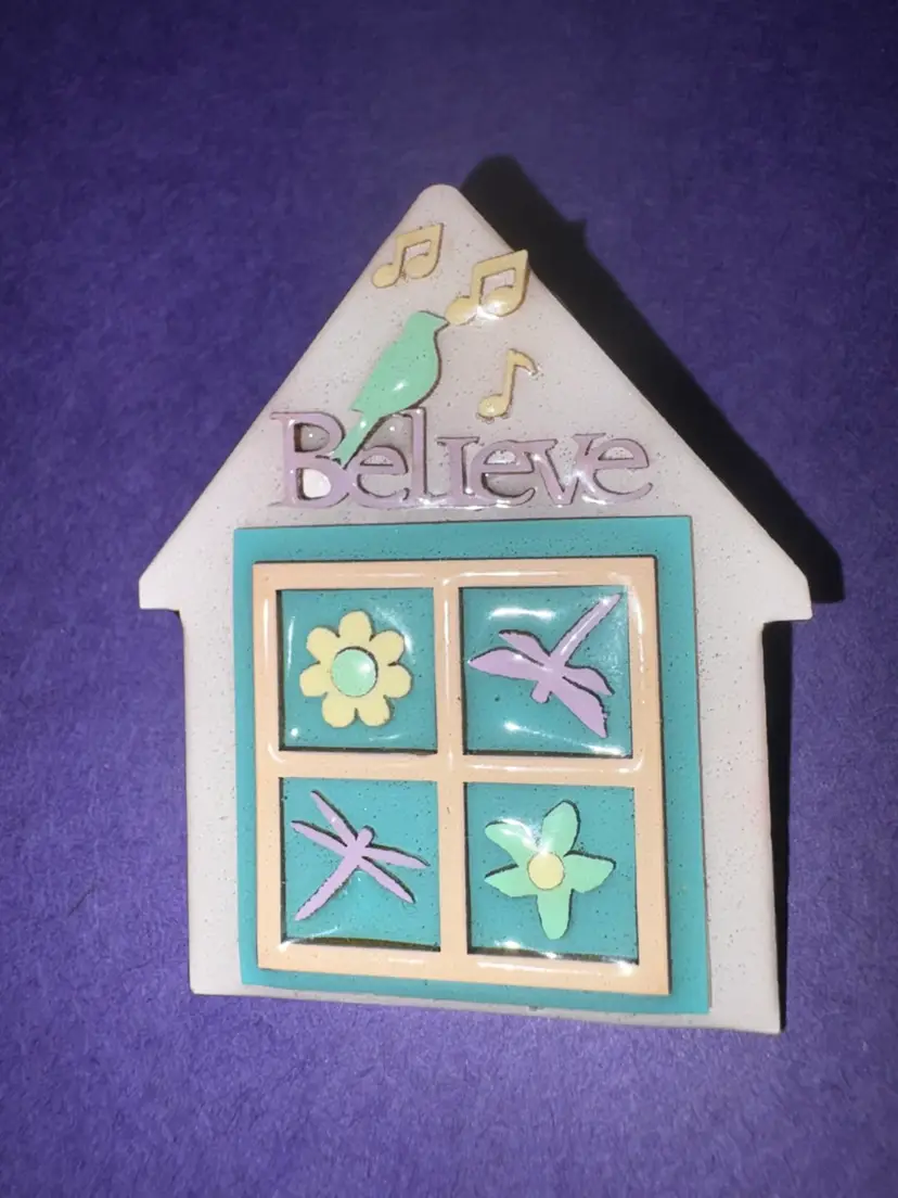 Designs By LUCINDA House Pin ~ Light Pink, Lavender And Teal Figural House With The Word “BELIEVE” ~ Dragonflies And Flowers ~ AND …  It Has A BIRD On It!! 🦜