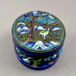 Vintage / Antique Chinese Enameled Oval Snuff Box  Blue Birds 2.5"X1.5" Landscape Scene
