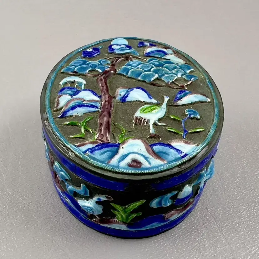 Vintage / Antique Chinese Enameled Oval Snuff Box Blue Birds 2.5"X1.5" Landscape Scene