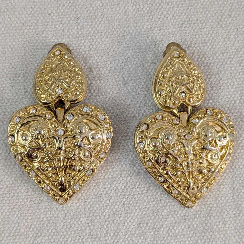 Goldtone Heart Dangling Earrings with Rhinestones