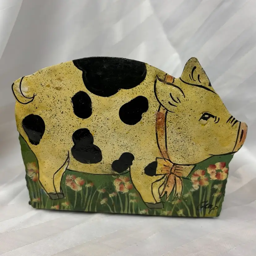 Vintage Metal Toleware Pig Hanging Wall Planter Farmhouse Decor Mailbox Signed