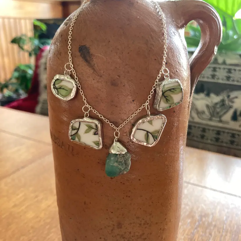 Broken Aladdin Fine China Fantasia Occupied Japan Plate And Green Rock Artisan Made Necklace Handcrafted