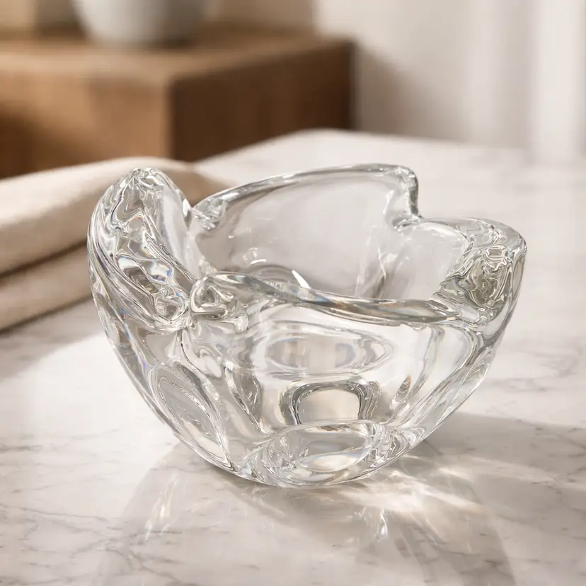 MCM Heavy Sevres France Crystal Art Glass Ashtray, Scalloped Rim