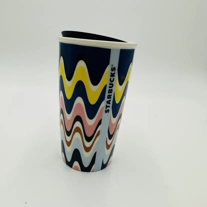 Starbucks Pastel Wavy Stripes Waves Ceramic 12oz Tumbler Travel Mug with Lid