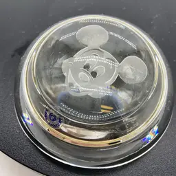 #0012 Walt Disney productions Vintage Mickey Mouse Paperweight Glass Etched