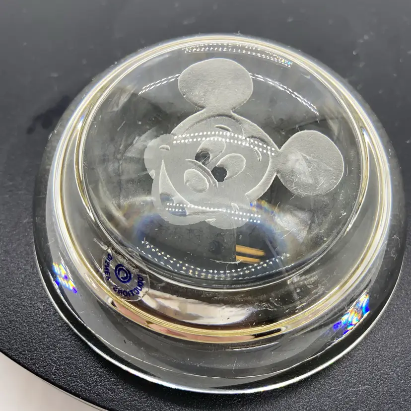 #0012 Walt Disney productions Vintage Mickey Mouse Paperweight Glass Etched