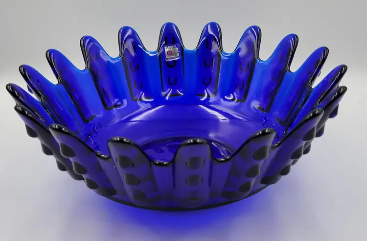 Blenko glass #942 Large Bowl with Fingers and Dots in Cobalt Blue