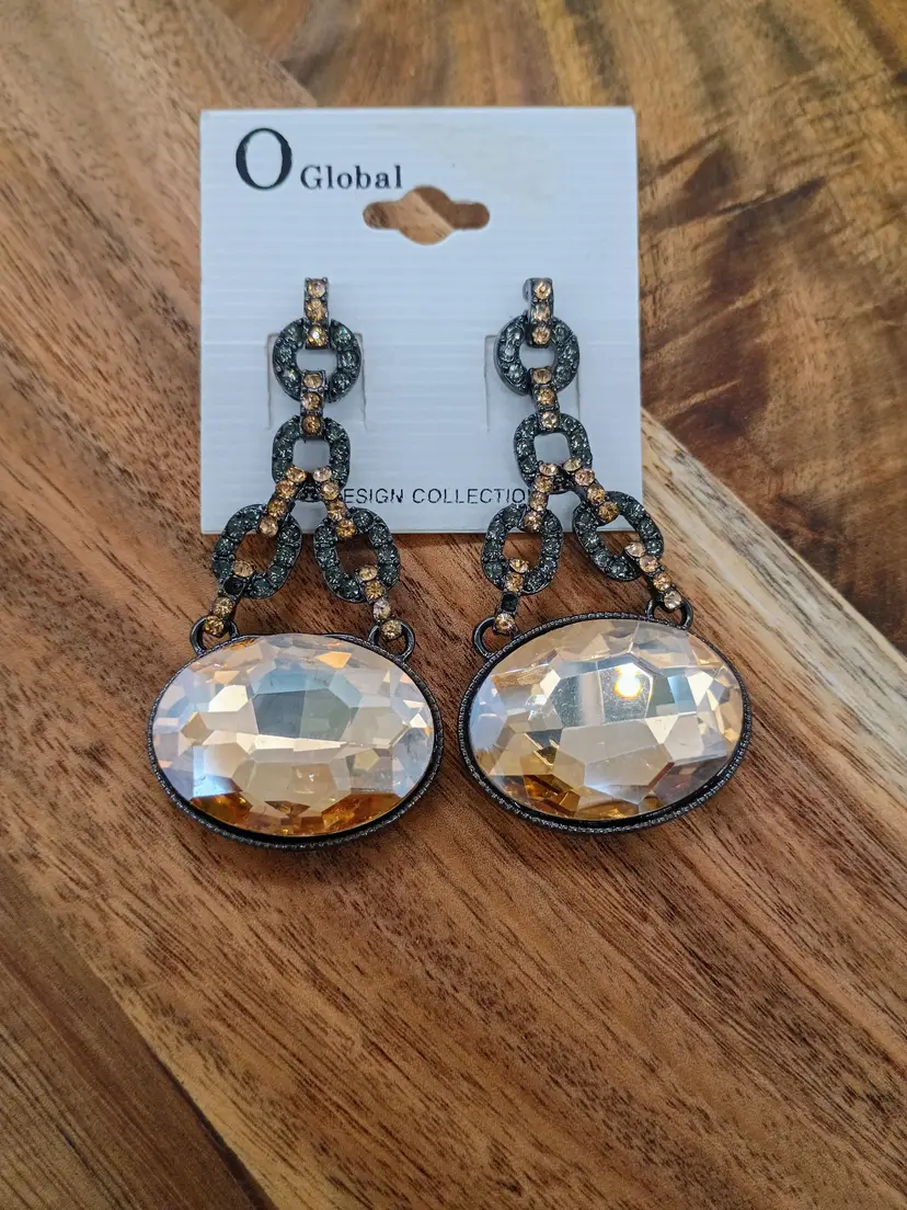 O Global  Post Dangle Drop Earrings in Smokey Topaz & Clear Rhinestones.