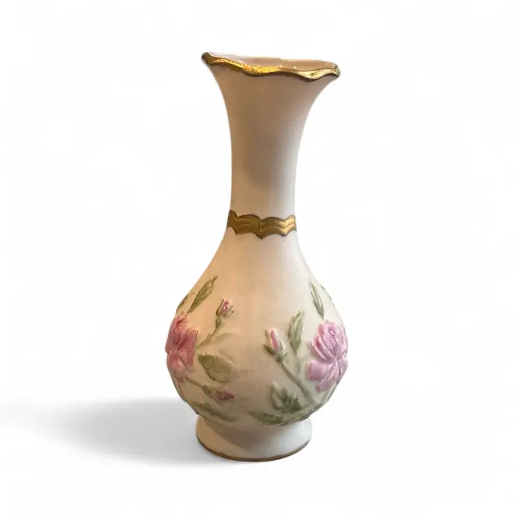 Vintage Porcelain Bud Vase with Embossed Flowers and Ruffle Gold Gilded Edge