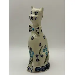 Polish Pottery Sitting Cat With Bow Tie Figurine