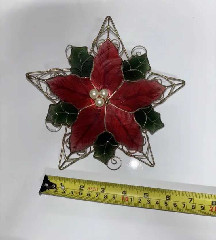 Vintage POINSETTIA Capiz Shell Pearl Metal Star Christmas Tree Topper Star (C4)