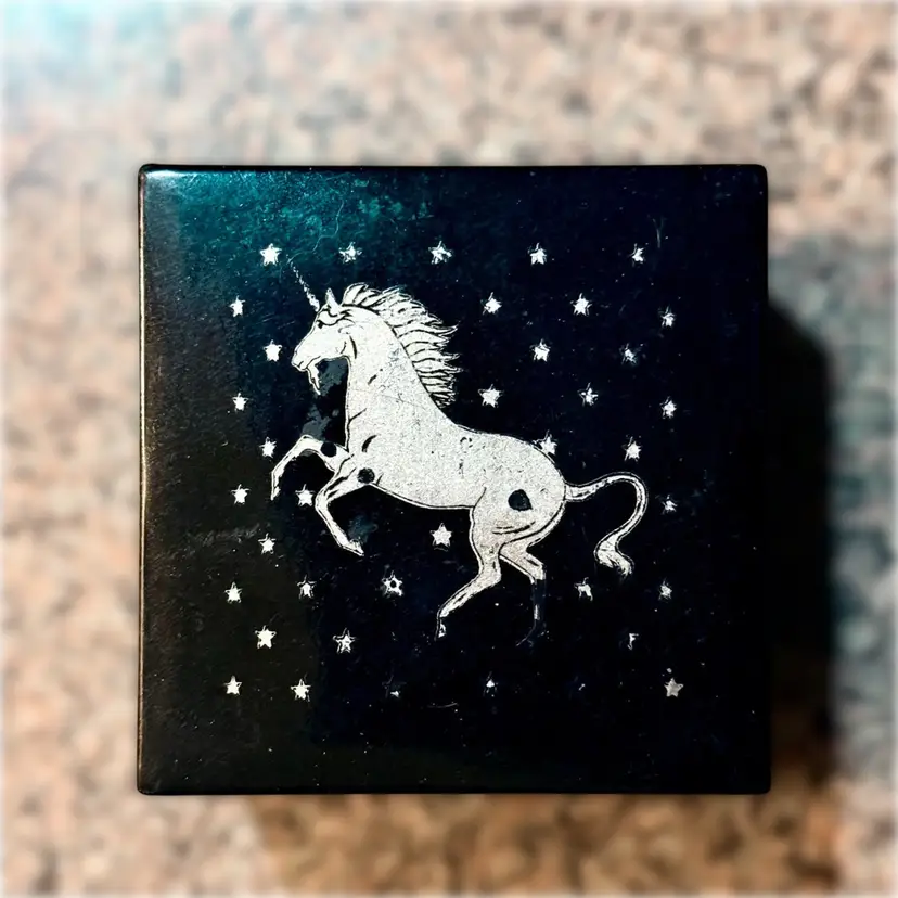 Vintage Otagiri Black w Gold Unicorn & Stars Laquerware Coaster Set (Japan)