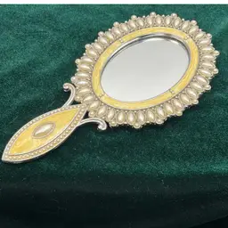 Vintage 7.5”  Faux Pearl Enamel Hand Held Vanity Mirror