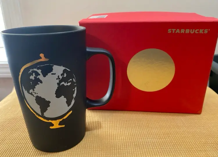 Starbucks World Earth Globe Black White Gold Mug Cup In Box