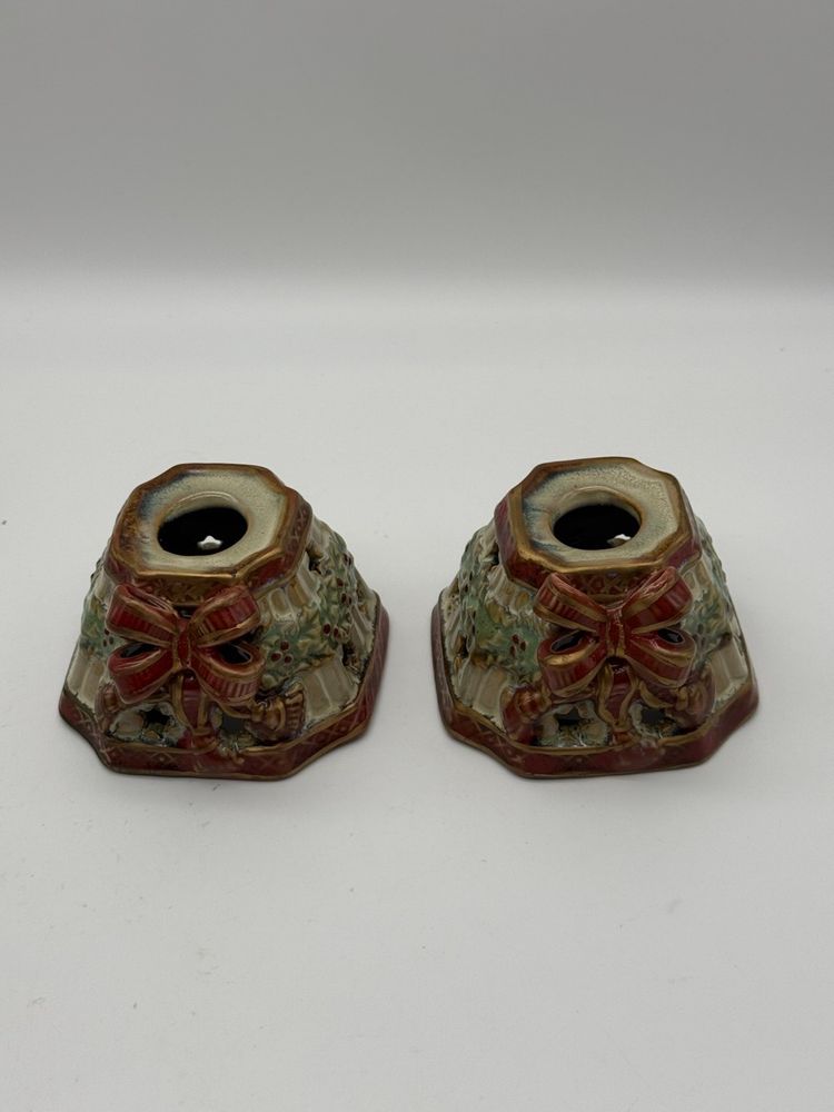 Ceramic Pair Of Christmas Holiday Candle Holders